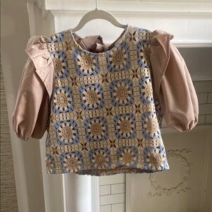 Crochet Patterned Top with Puff Sleeves